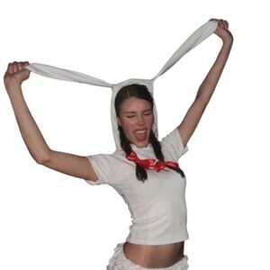 OMIGHTY white kawaii soft‎ bunny top hoodie with bow graphic M